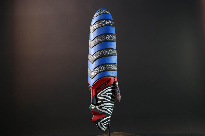 african wall mask geometric long face tribal decor hand painted art abstract spirit carving bold stripe pattern wall sculpture-G5449