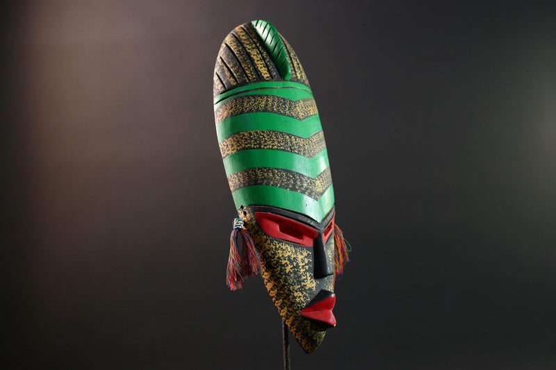 african wall mask green stripe face carving handmade decor bold abstract sculpture geometric painted long tribal wall art accent-G5450