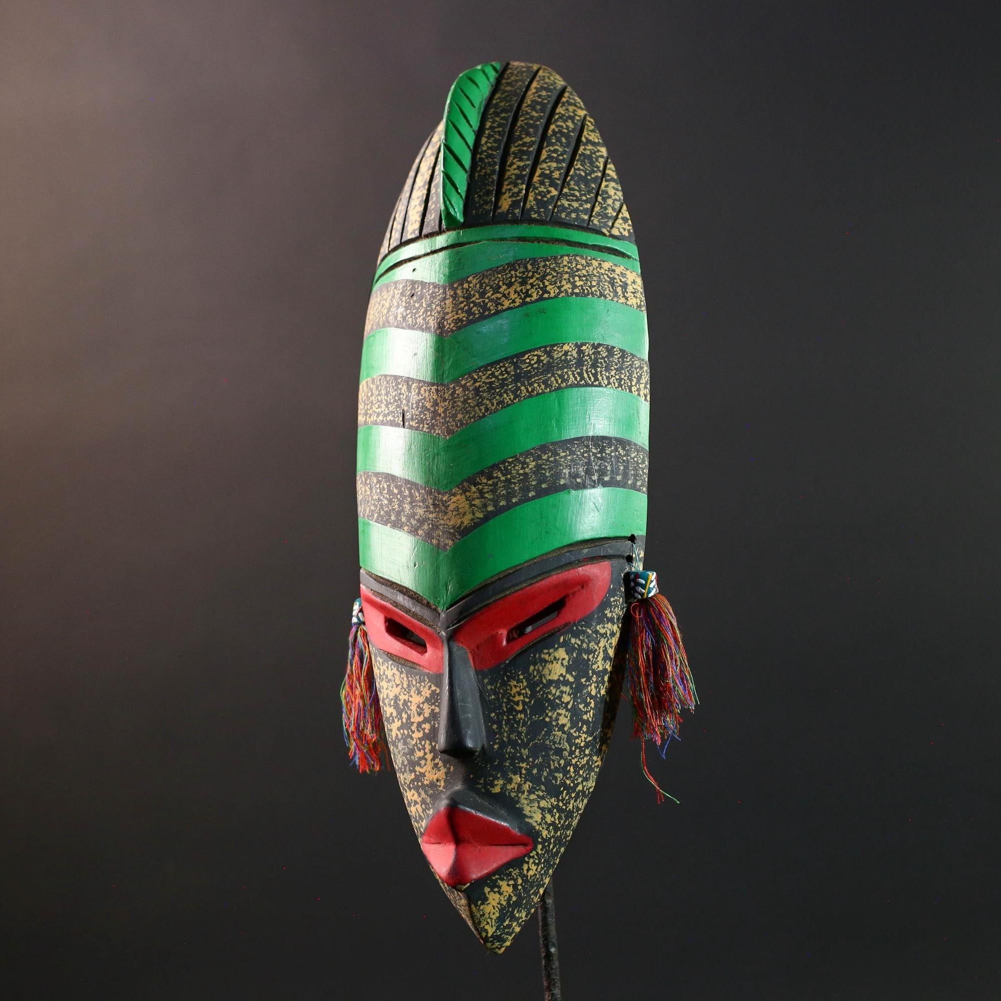 african wall mask green stripe face carving handmade decor bold abstract sculpture geometric painted long tribal wall art accent-G5450