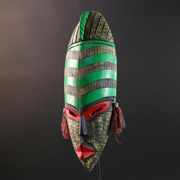 african wall mask green stripe face carving handmade decor bold abstract sculpture geometric painted long tribal wall art accent-G5450