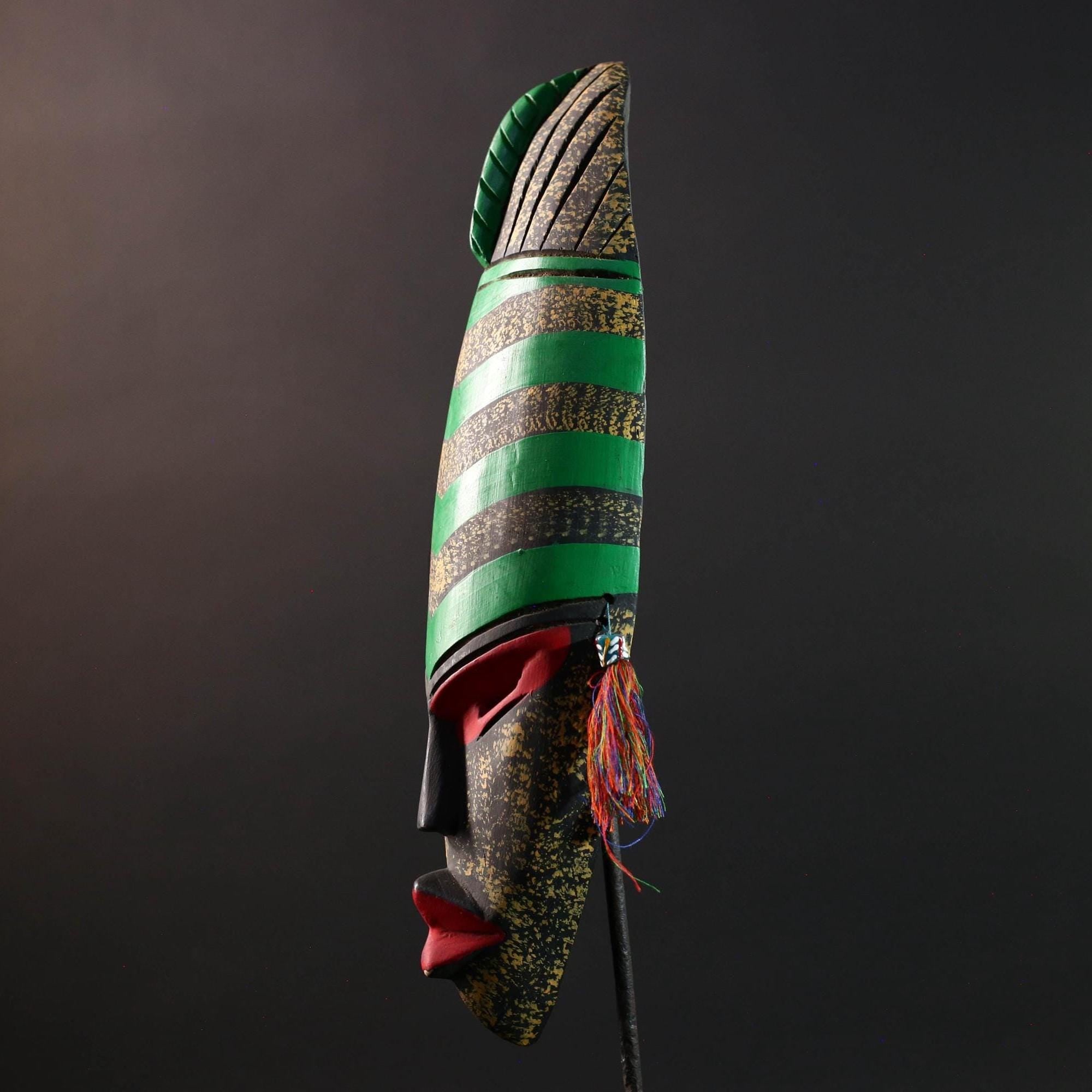 african wall mask green stripe face carving handmade decor bold abstract sculpture geometric painted long tribal wall art accent-G5450