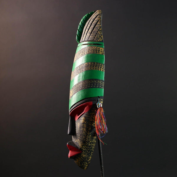 african wall mask green stripe face carving handmade decor bold abstract sculpture geometric painted long tribal wall art accent-G5450