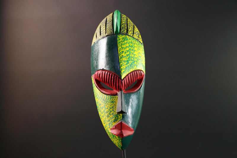 african wall mask green red carving face art handmade tribal decor bold stripe sculpture modern abstract wall accent wood display-G5451