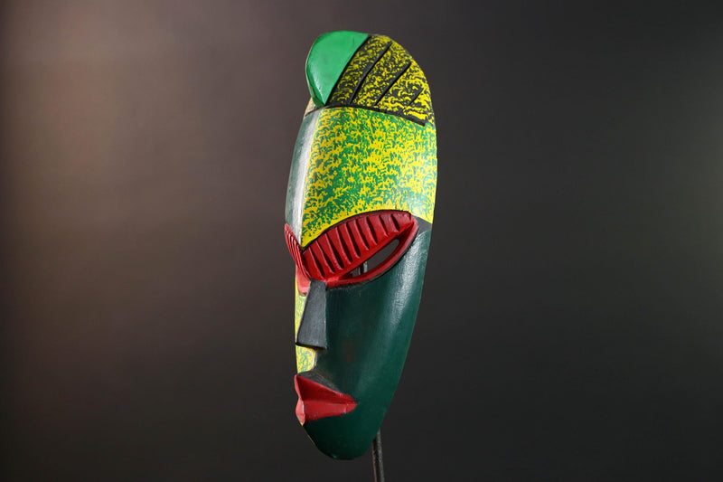 african wall mask green red carving face art handmade tribal decor bold stripe sculpture modern abstract wall accent wood display-G5451