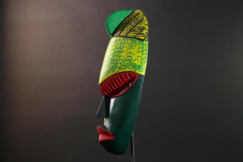african wall mask green red carving face art handmade tribal decor bold stripe sculpture modern abstract wall accent wood display-G5451