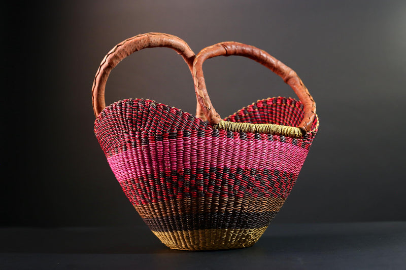 ghana bolga basket market tote handmade woven bag straw african shopping storage decor leather handle vibrant colorful G5556