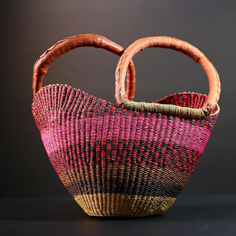 ghana bolga basket market tote handmade woven bag straw african shopping storage decor leather handle vibrant colorful G5556
