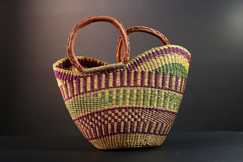 ghana bolga basket market tote handmade woven bag straw african shopping storage decor leather handle vibrant colorful G5557