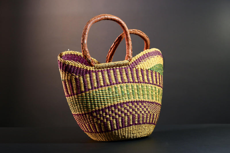 ghana bolga basket market tote handmade woven bag straw african shopping storage decor leather handle vibrant colorful G5557