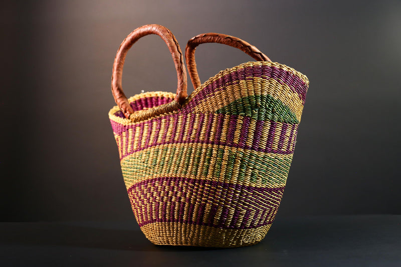 ghana bolga basket market tote handmade woven bag straw african shopping storage decor leather handle vibrant colorful G5557