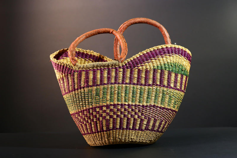 ghana bolga basket market tote handmade woven bag straw african shopping storage decor leather handle vibrant colorful G5557