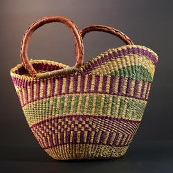 ghana bolga basket market tote handmade woven bag straw african shopping storage decor leather handle vibrant colorful G5557