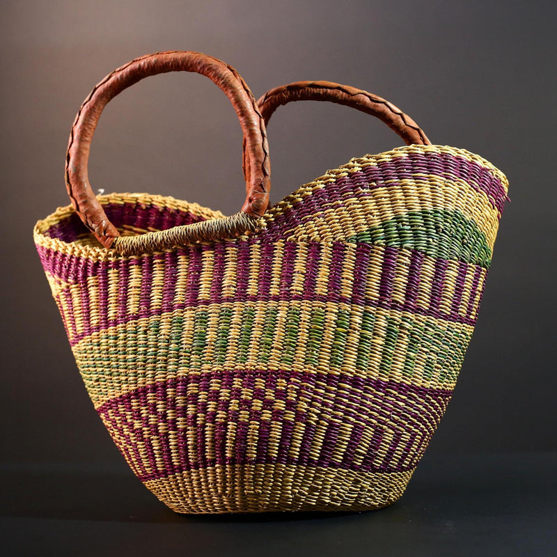 ghana bolga basket market tote handmade woven bag straw african shopping storage decor leather handle vibrant colorful G5557
