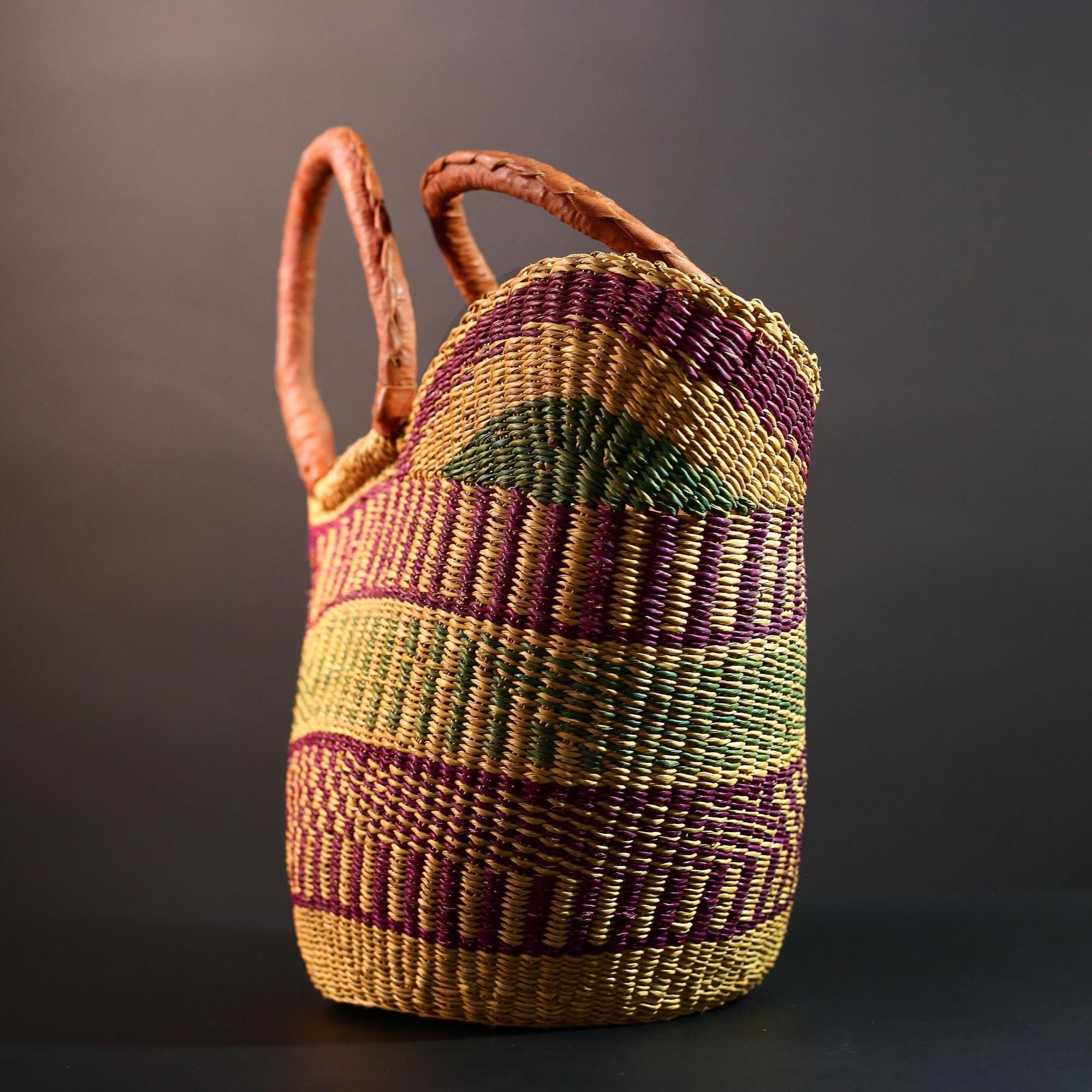 ghana bolga basket market tote handmade woven bag straw african shopping storage decor leather handle vibrant colorful G5557