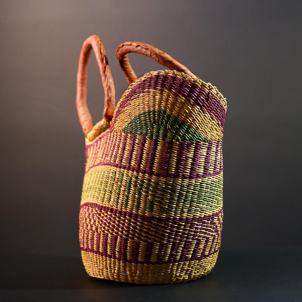 ghana bolga basket market tote handmade woven bag straw african shopping storage decor leather handle vibrant colorful G5557