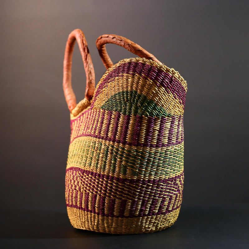 ghana bolga basket market tote handmade woven bag straw african shopping storage decor leather handle vibrant colorful G5557