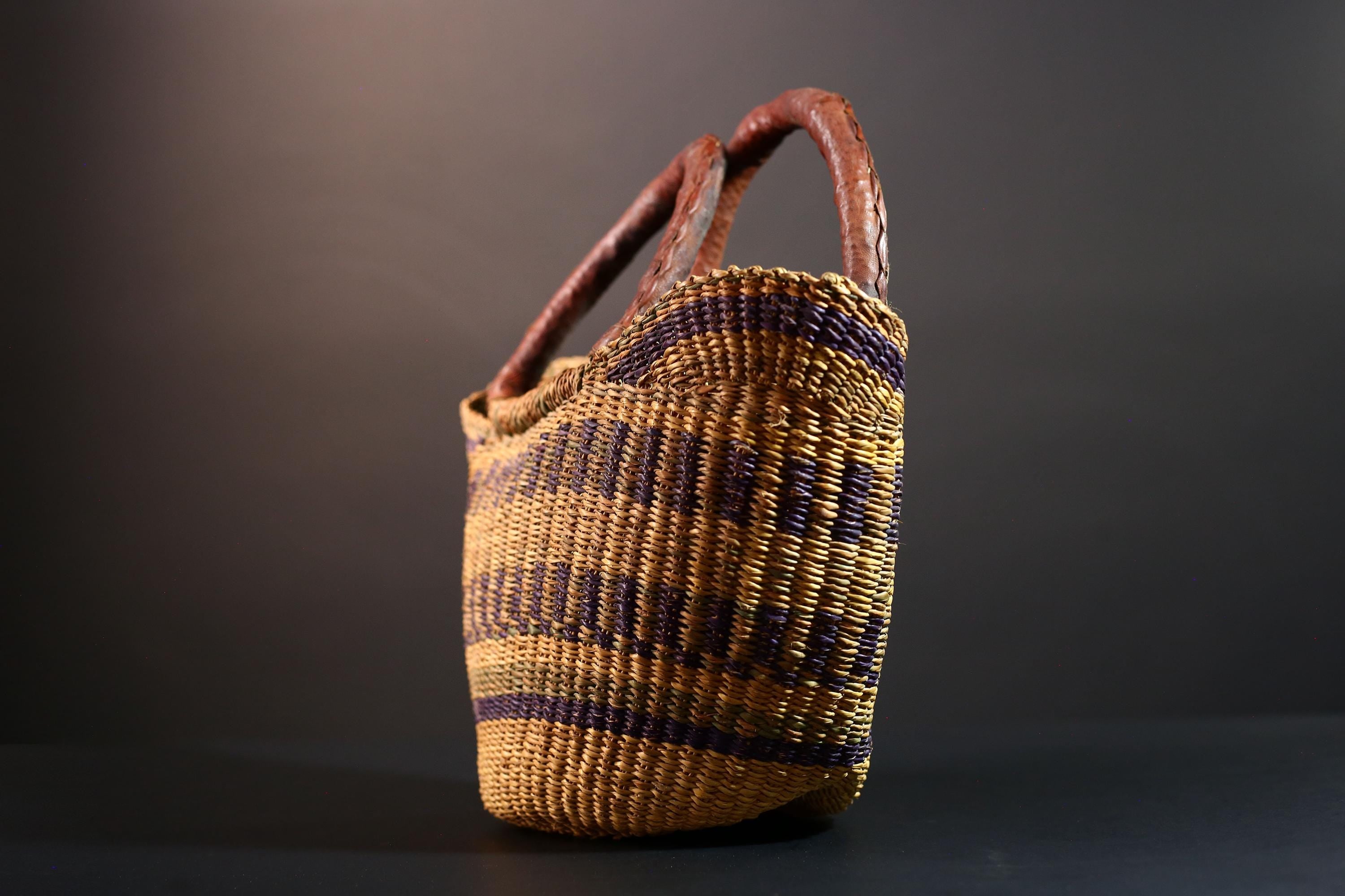 Handwoven African basket with leather handles Bolga market tote natural straw decor tribal woven storage artisan home accent G5558