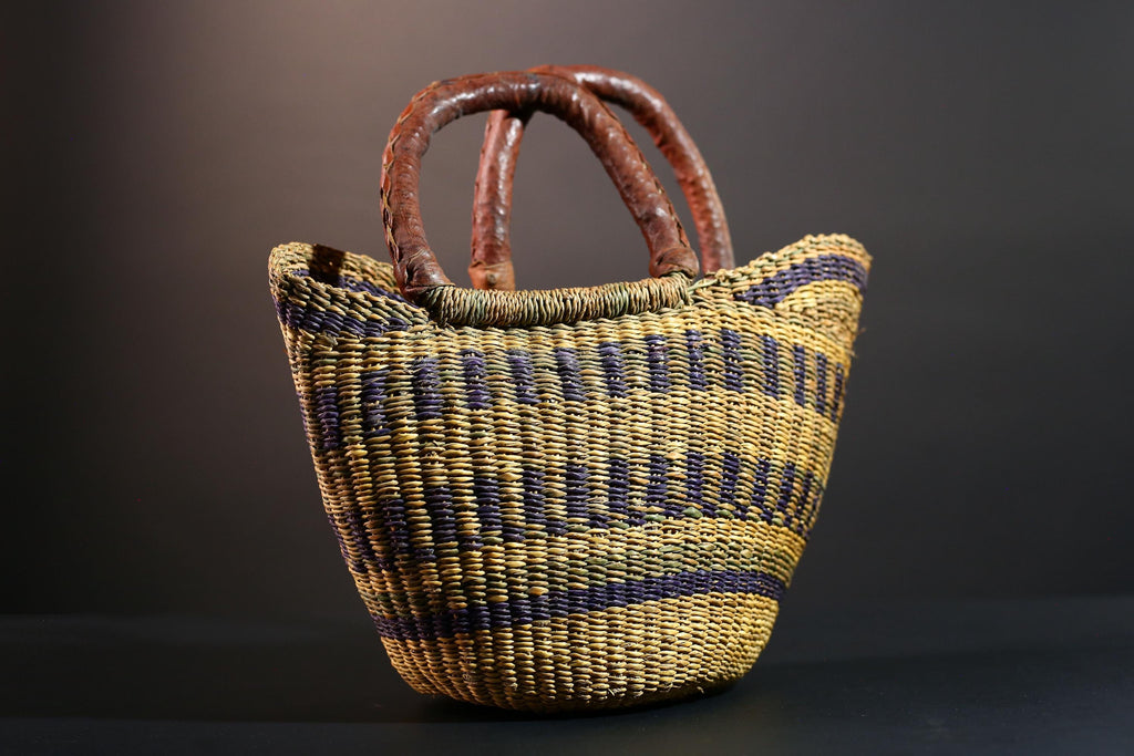 Handwoven African basket with leather handles Bolga market tote natural straw decor tribal woven storage artisan home accent G5558