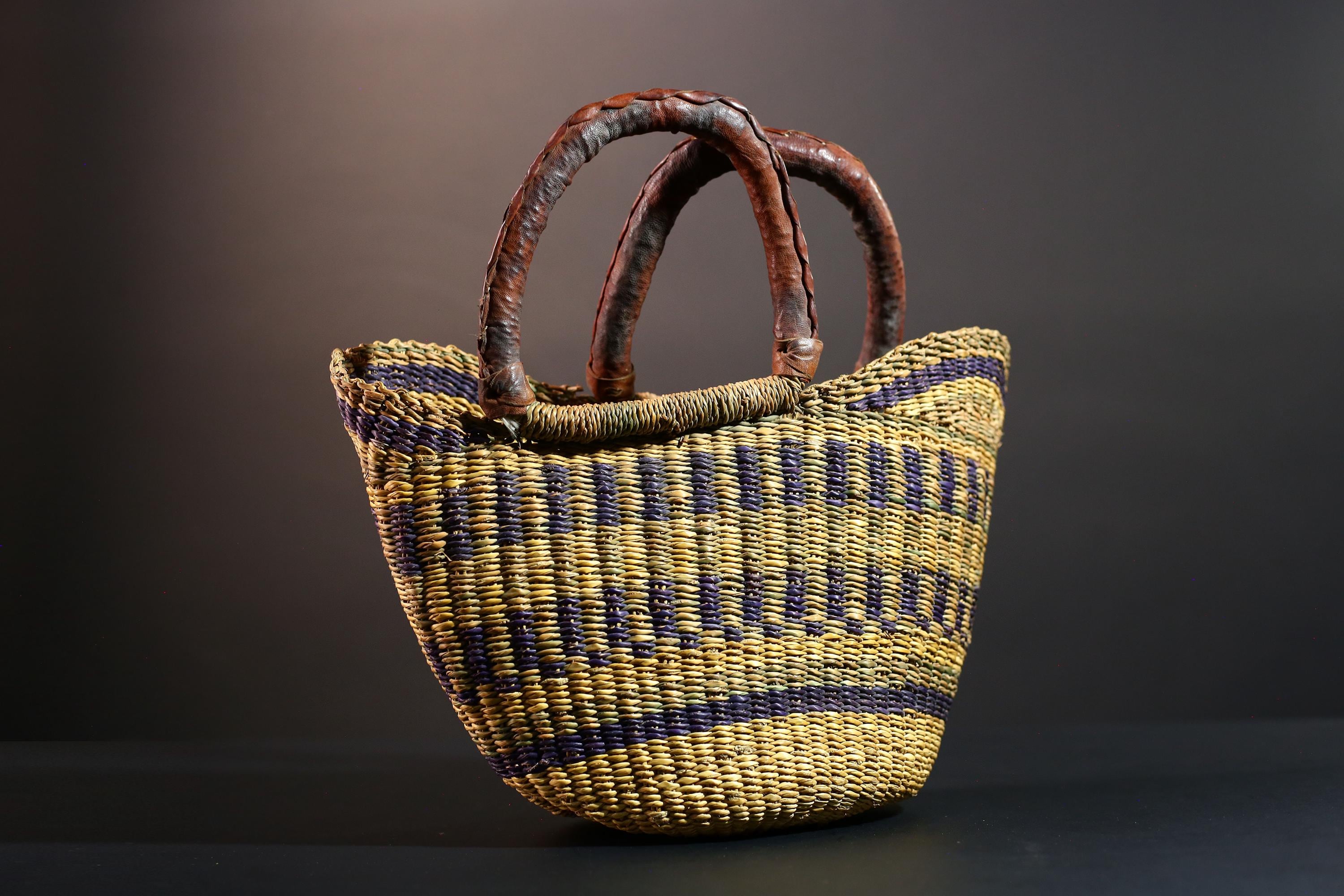 Handwoven African basket with leather handles Bolga market tote natural straw decor tribal woven storage artisan home accent G5558
