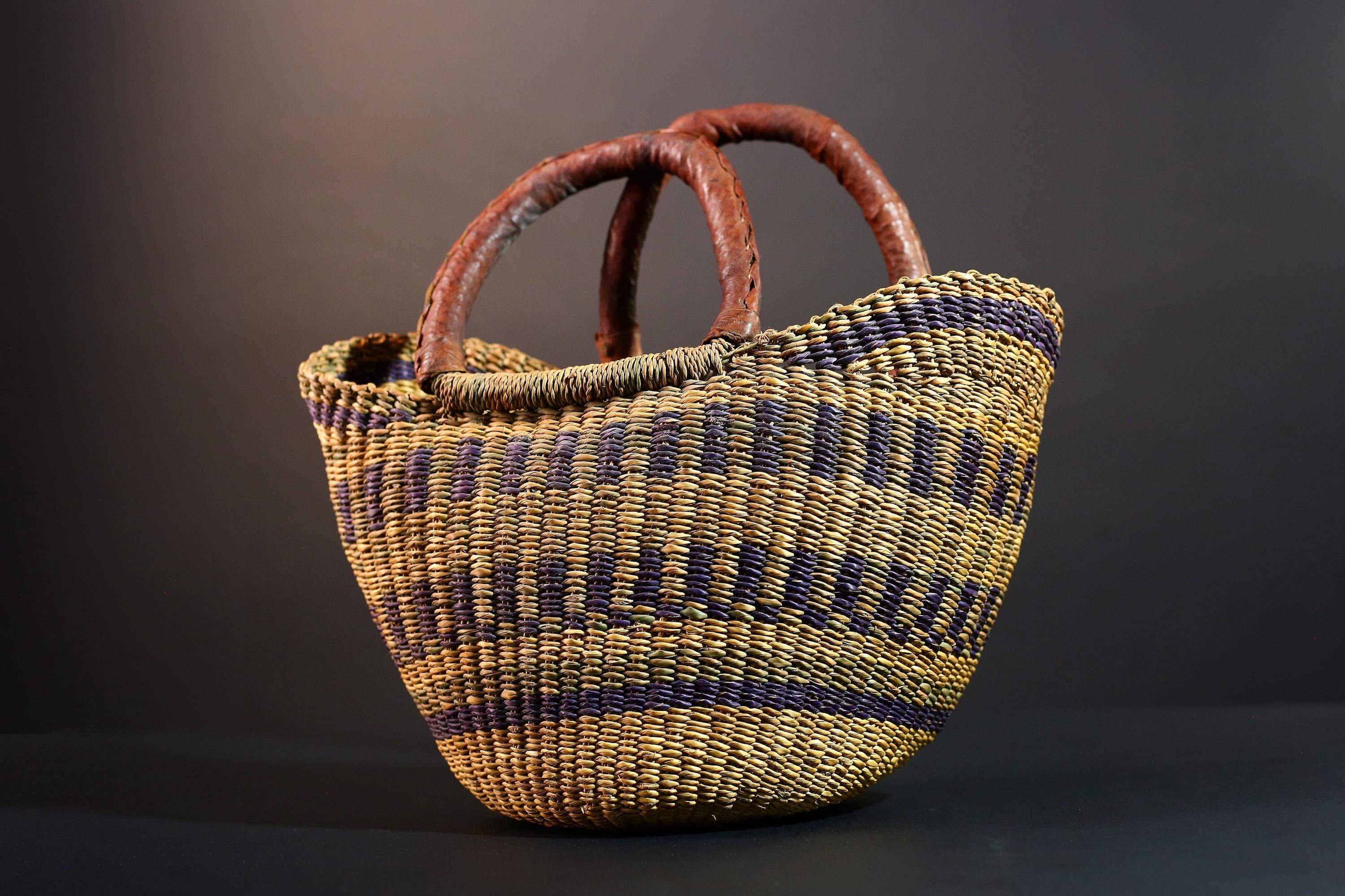 Handwoven African basket with leather handles Bolga market tote natural straw decor tribal woven storage artisan home accent G5558
