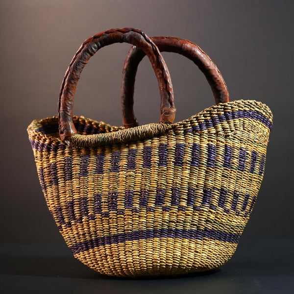 Handwoven African basket with leather handles Bolga market tote natural straw decor tribal woven storage artisan home accent G5558