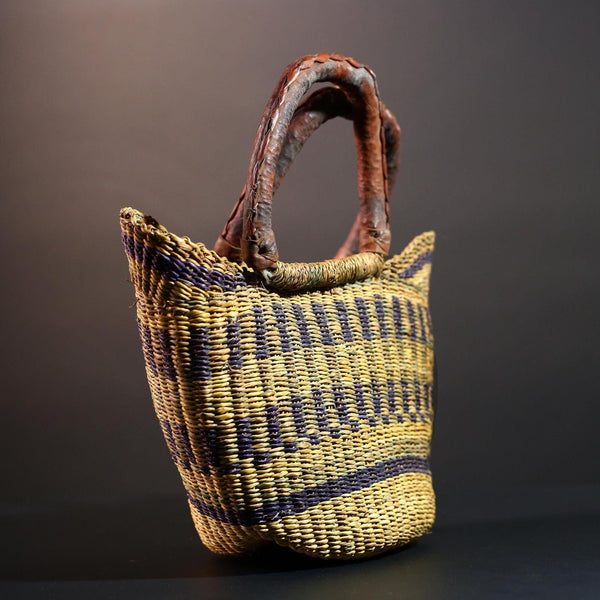 Handwoven African basket with leather handles Bolga market tote natural straw decor tribal woven storage artisan home accent G5558
