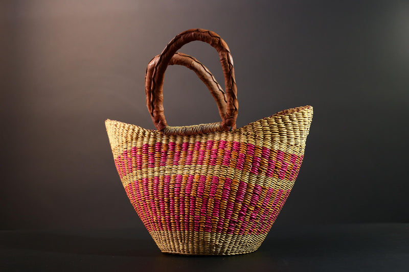 ghana bolga basket market tote handmade woven bag straw african shopping storage decor leather handle vibrant colorful G5559