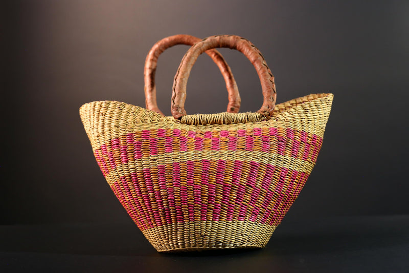 ghana bolga basket market tote handmade woven bag straw african shopping storage decor leather handle vibrant colorful G5559