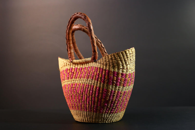 ghana bolga basket market tote handmade woven bag straw african shopping storage decor leather handle vibrant colorful G5559