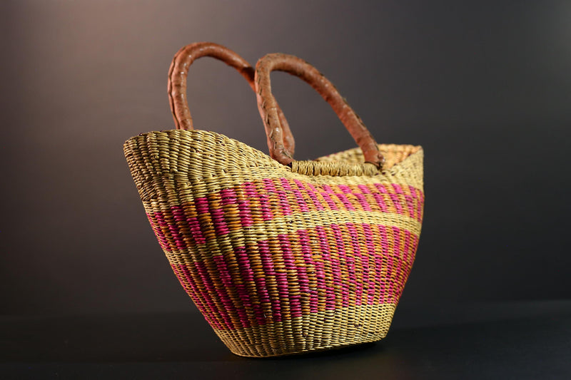 ghana bolga basket market tote handmade woven bag straw african shopping storage decor leather handle vibrant colorful G5559
