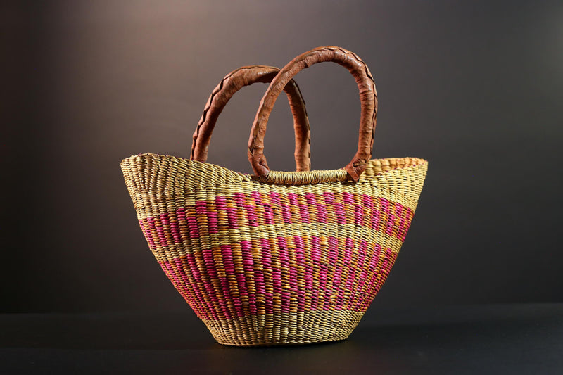 ghana bolga basket market tote handmade woven bag straw african shopping storage decor leather handle vibrant colorful G5559