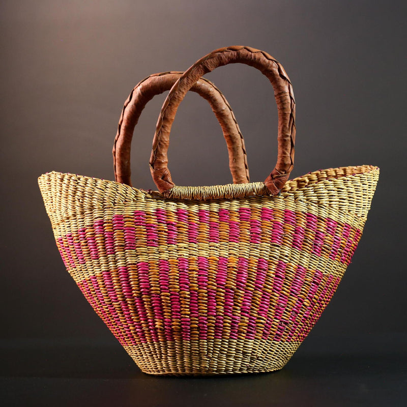 ghana bolga basket market tote handmade woven bag straw african shopping storage decor leather handle vibrant colorful G5559