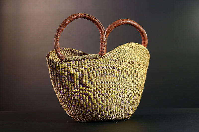 African basket with leather handles Bolga storage tote handwoven natural straw decor rustic woven shopper artisan tribal accent G5560