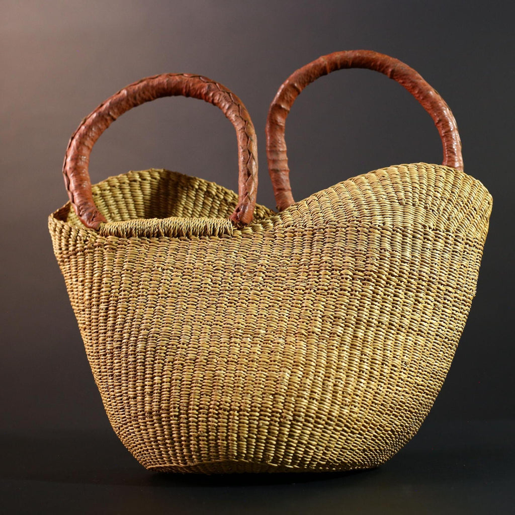 African basket with leather handles Bolga storage tote handwoven natural straw decor rustic woven shopper artisan tribal accent G5560