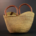 African basket with leather handles Bolga storage tote handwoven natural straw decor rustic woven shopper artisan tribal accent G5560