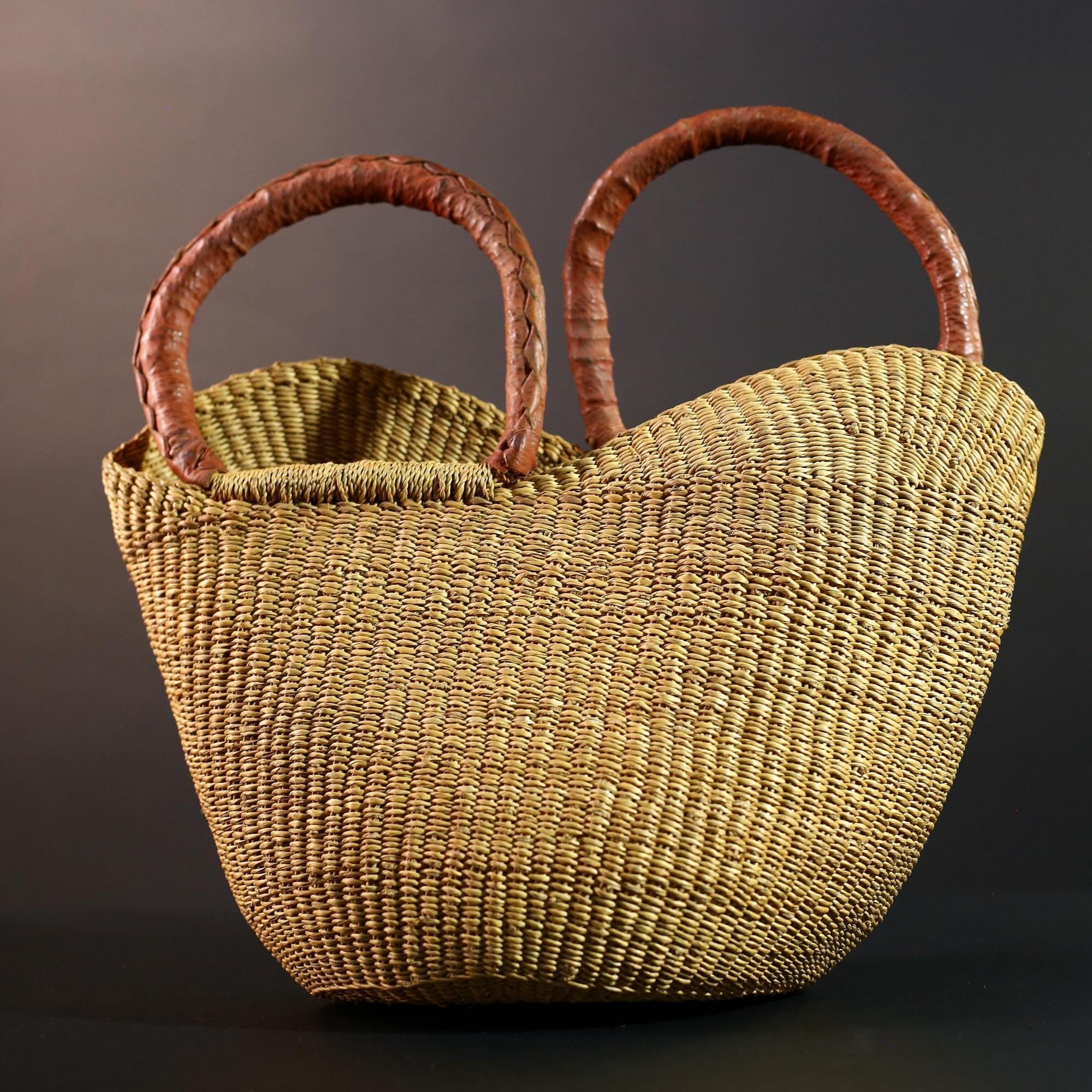 African basket with leather handles Bolga storage tote handwoven natural straw decor rustic woven shopper artisan tribal accent G5560