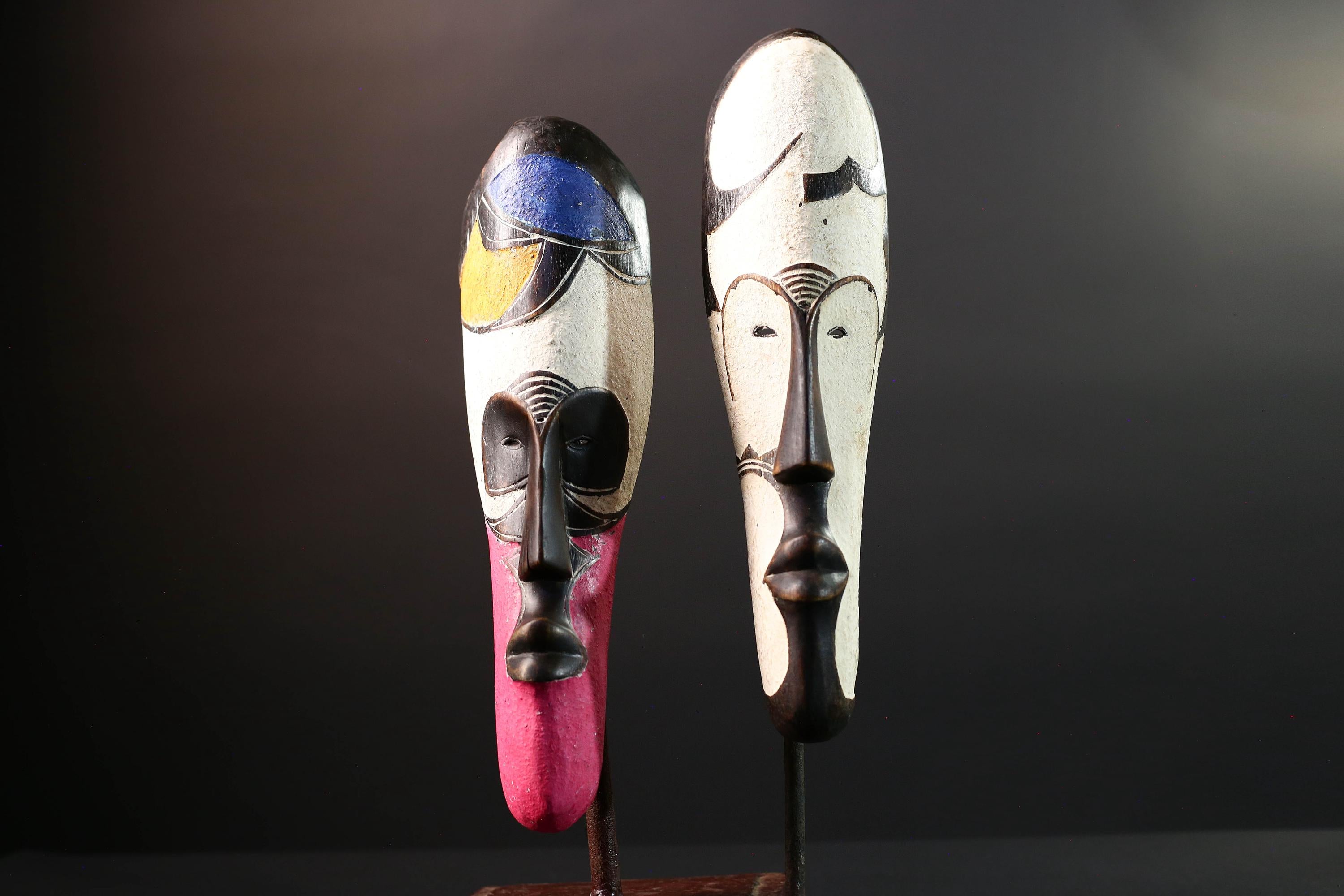 African Fang mask set tribal face wall decor carved wood white mask spiritual art Gabon mask wall hanging african mask pair  G5455
