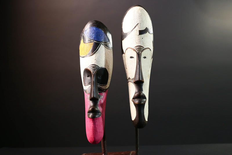 African Fang mask set tribal face wall decor carved wood white mask spiritual art Gabon mask wall hanging african mask pair  G5455