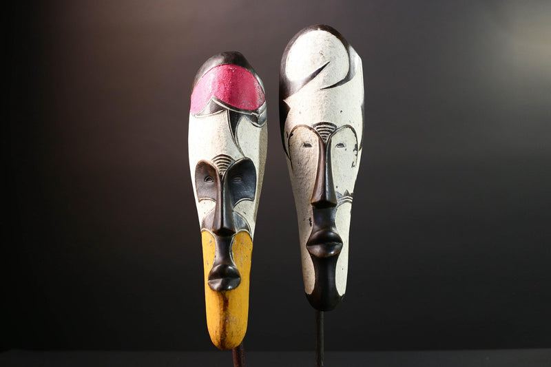 African Fang mask set tribal face wall decor carved wood white mask spiritual art Gabon mask wall hanging african mask pair  G5456