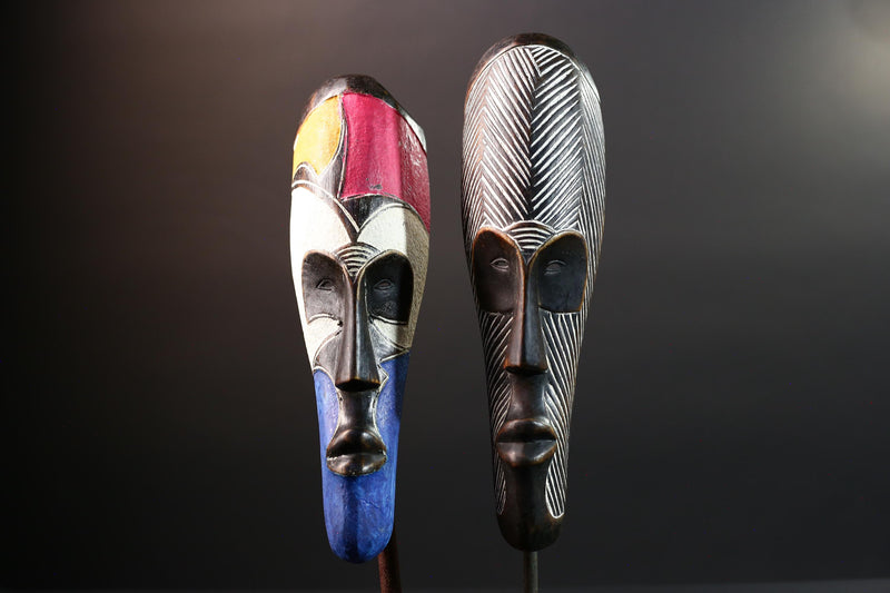 African Fang mask set tribal face wall decor carved wood white mask spiritual art Gabon mask wall hanging african mask pair  G5457