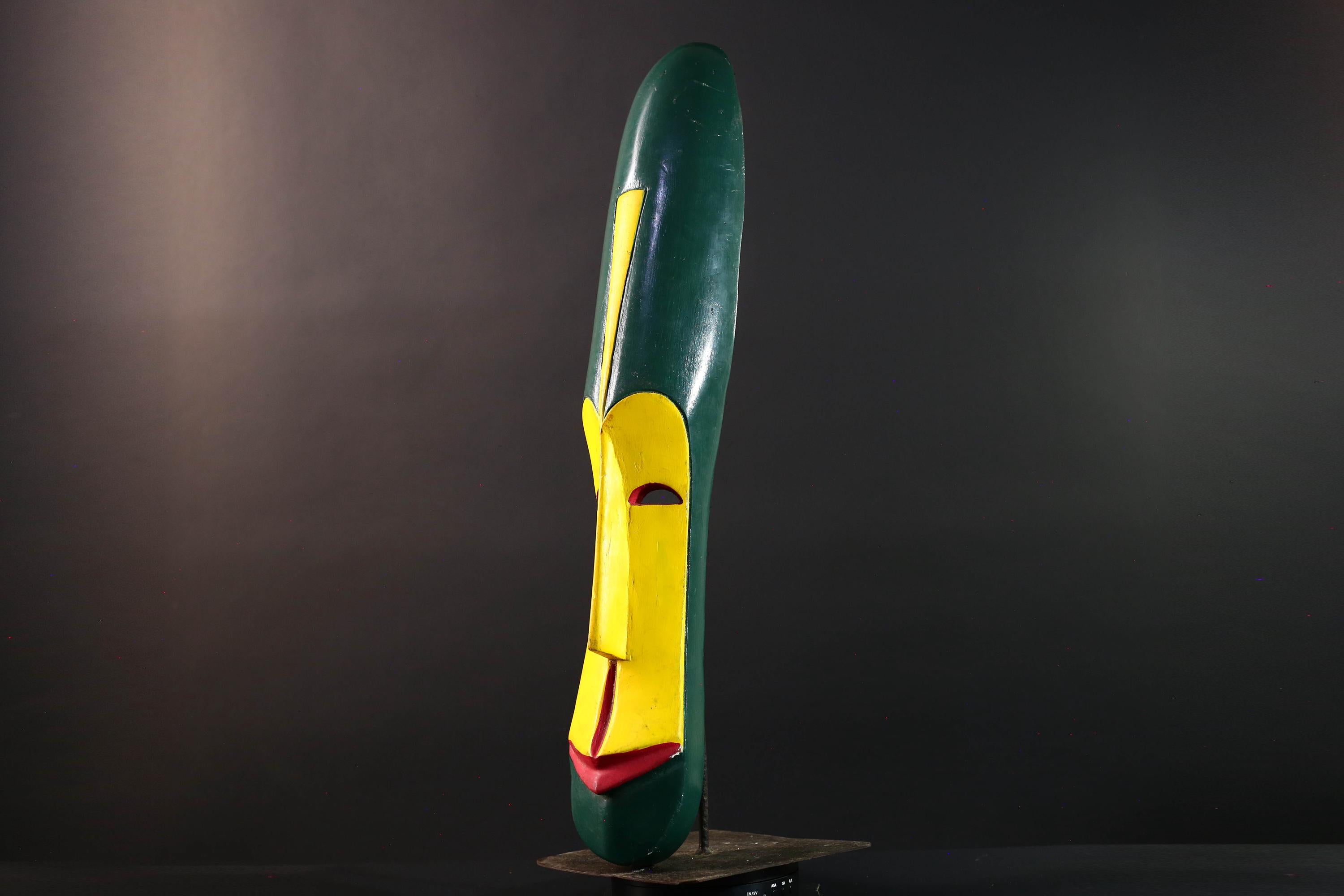 African wall mask tall fang mask tribal face art yellow green carved wood mask spiritual decor long african mask gabon wall hanging  G5460