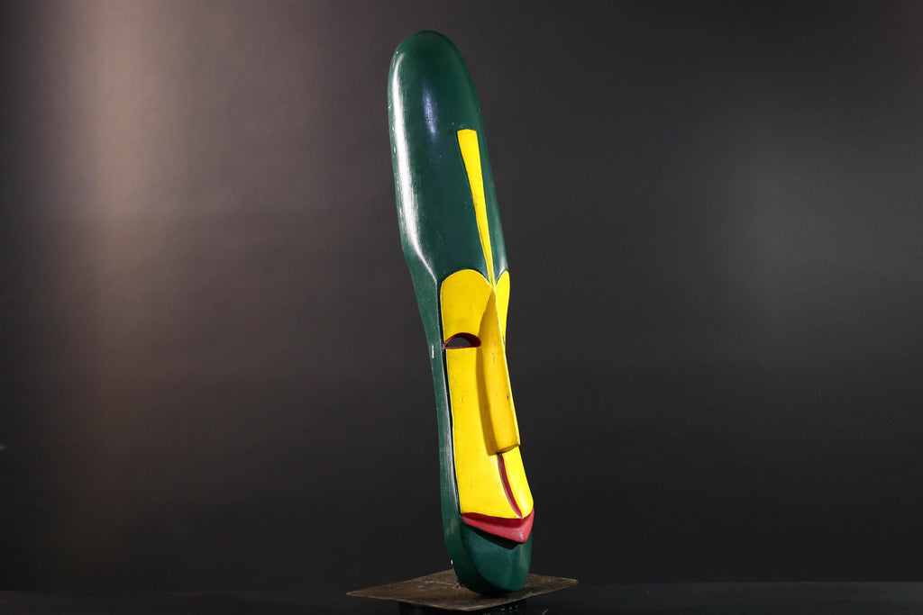 African wall mask tall fang mask tribal face art yellow green carved wood mask spiritual decor long african mask gabon wall hanging  G5460