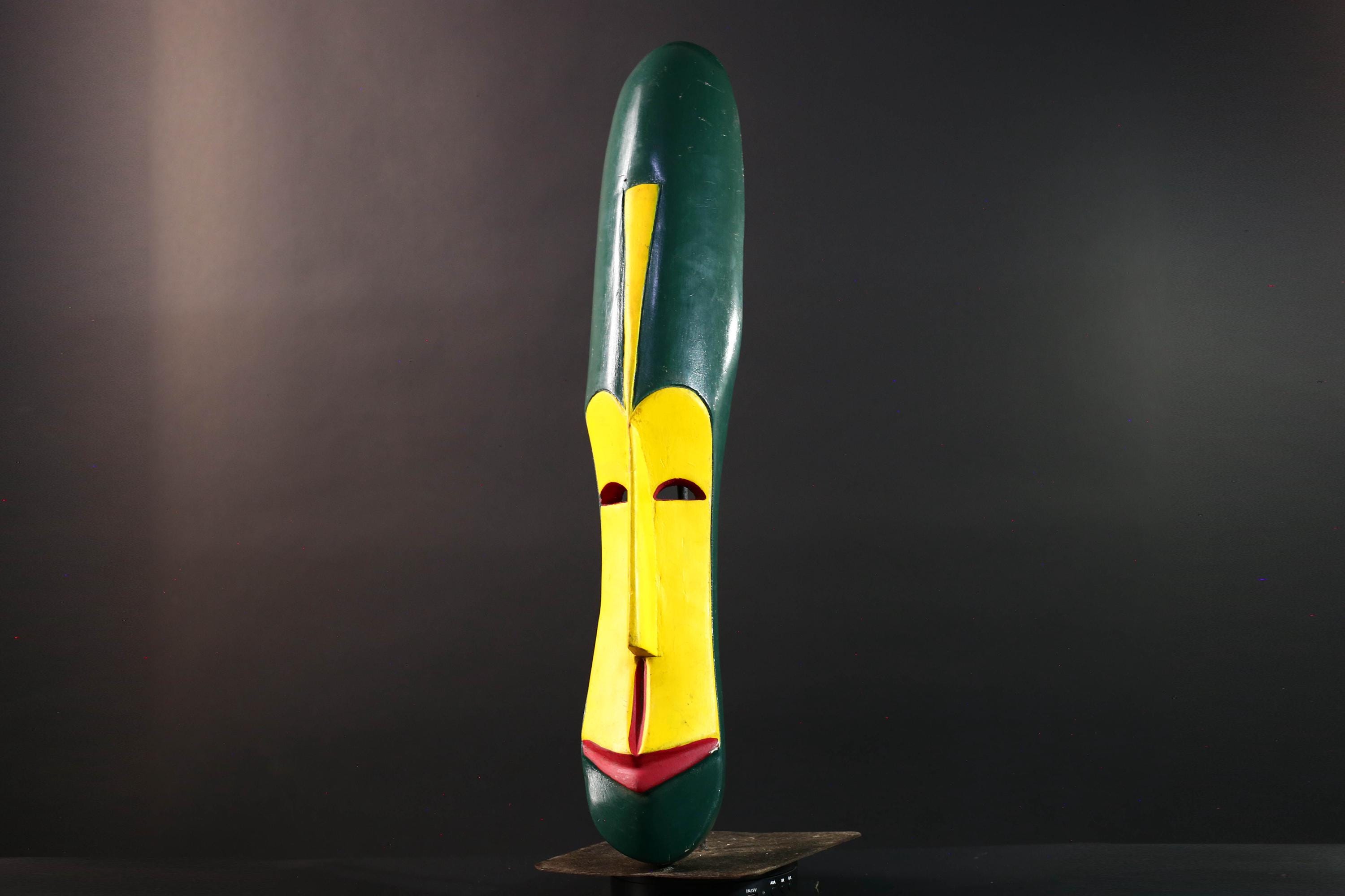 African wall mask tall fang mask tribal face art yellow green carved wood mask spiritual decor long african mask gabon wall hanging  G5460