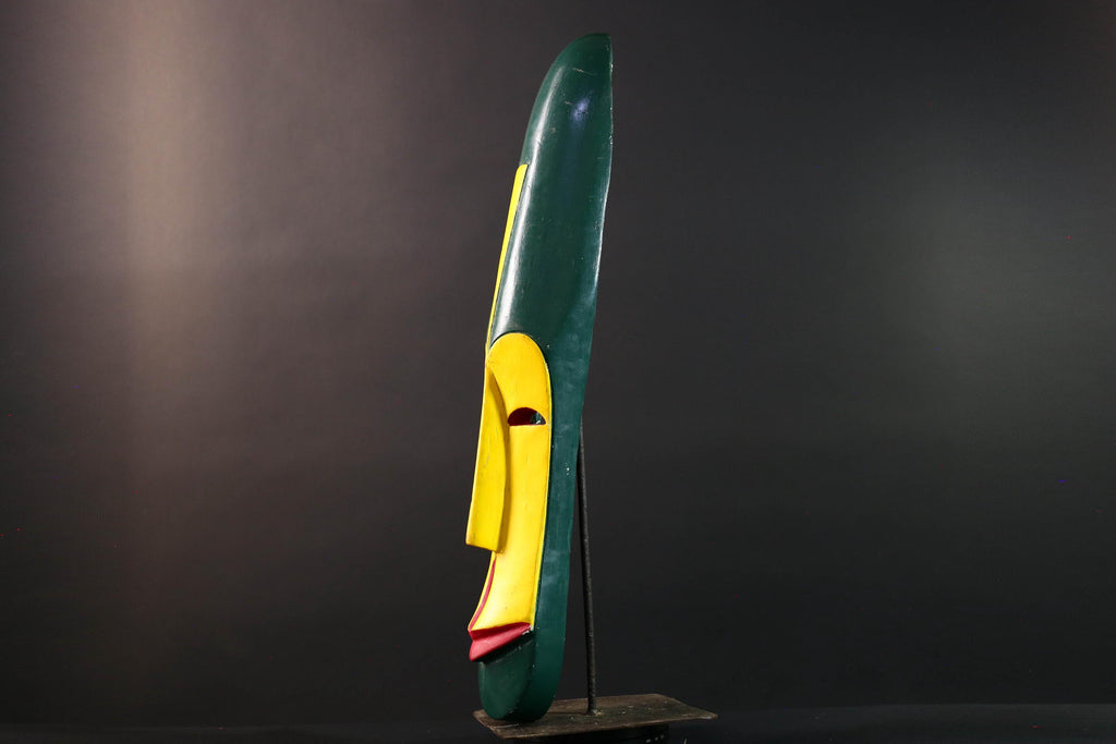 African wall mask tall fang mask tribal face art yellow green carved wood mask spiritual decor long african mask gabon wall hanging  G5460