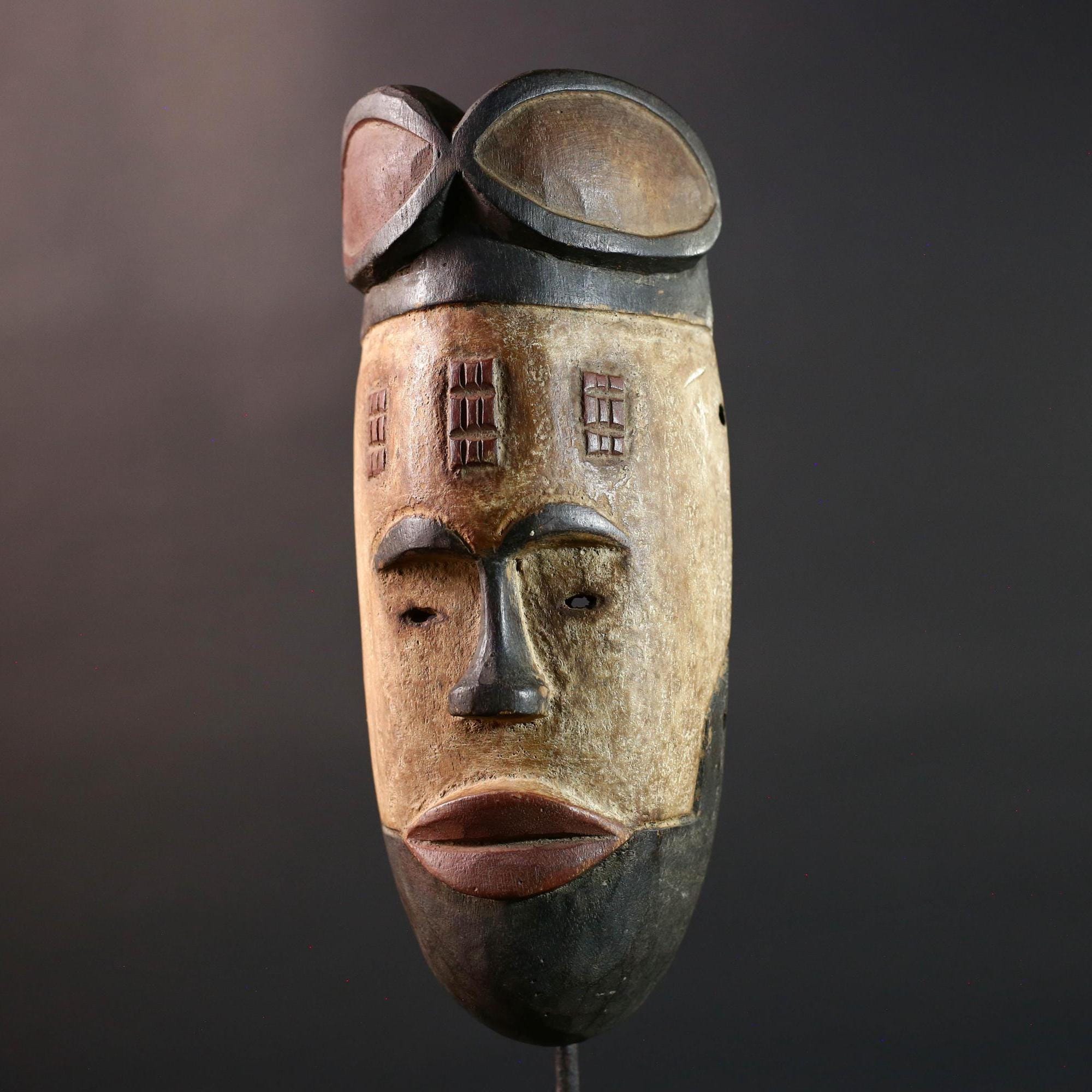 African Dan ceremonial mask tribal carved face art crest forehead marks wood decor spirit wall mask vintage african sculpture  G5461
