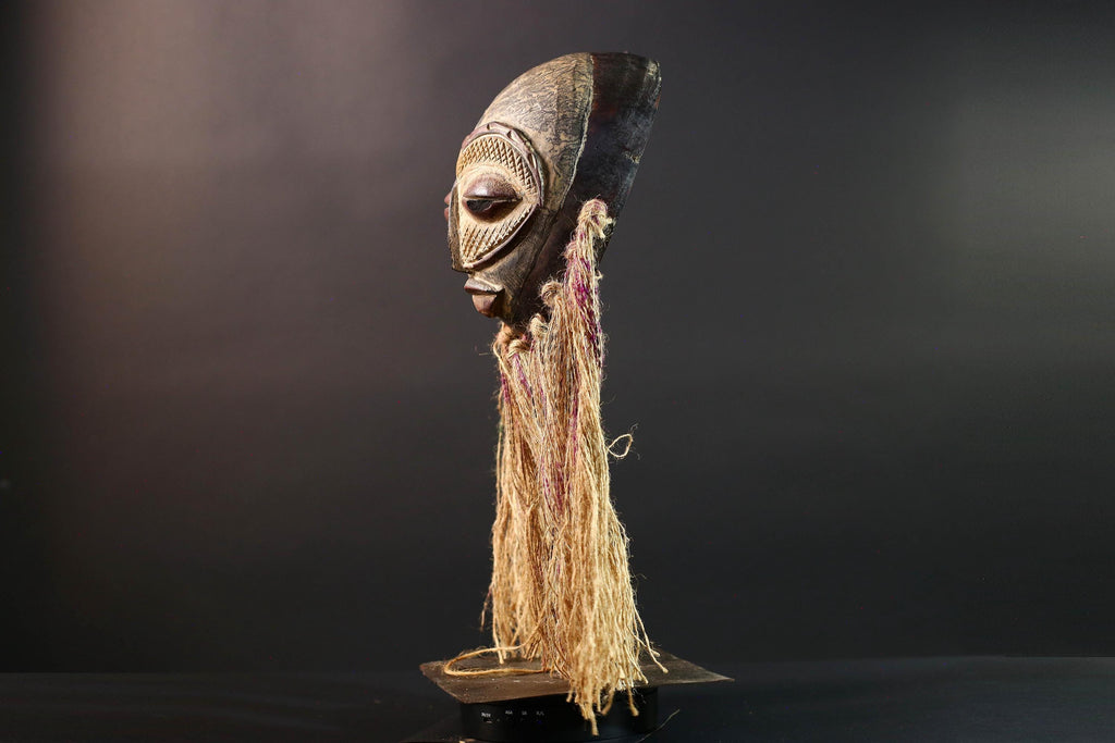 African Lega mask raffia tribal face wood carving congo wall hanging spiritual bwami art carved round mask african fiber sculpture G5462