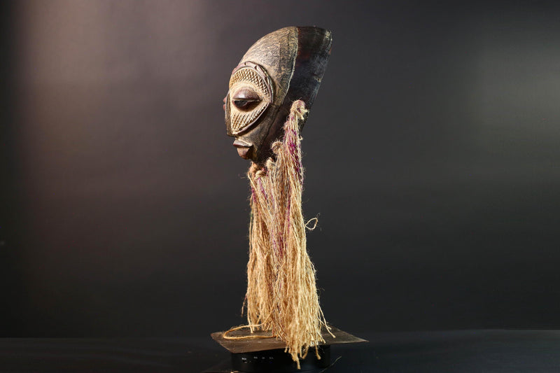 African Lega mask raffia tribal face wood carving congo wall hanging spiritual bwami art carved round mask african fiber sculpture G5462