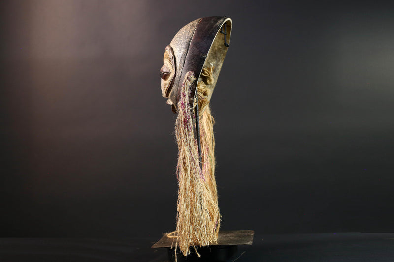 African Lega mask raffia tribal face wood carving congo wall hanging spiritual bwami art carved round mask african fiber sculpture G5462