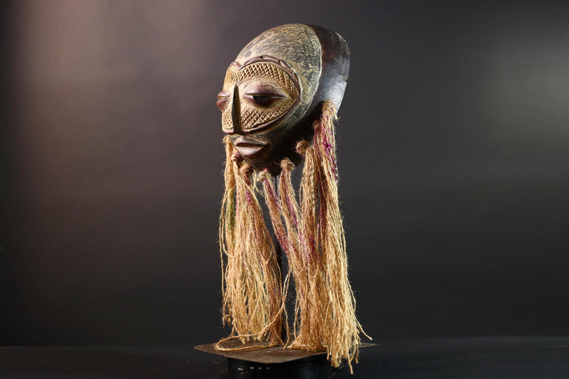 African Lega mask raffia tribal face wood carving congo wall hanging spiritual bwami art carved round mask african fiber sculpture G5462