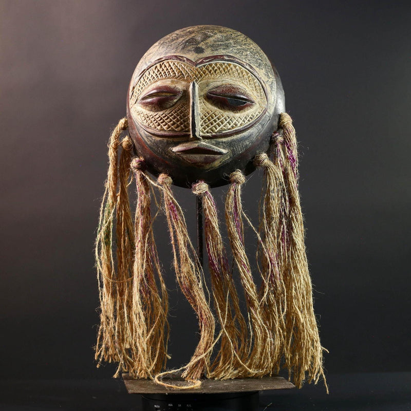 African Lega mask raffia tribal face wood carving congo wall hanging spiritual bwami art carved round mask african fiber sculpture G5462